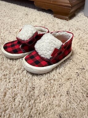 Kids Red Buffalo Plaid Slip-On Slippers with Sherpa Cuff